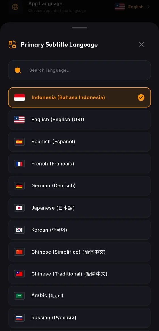 Pilihan bahasa subtitle utama