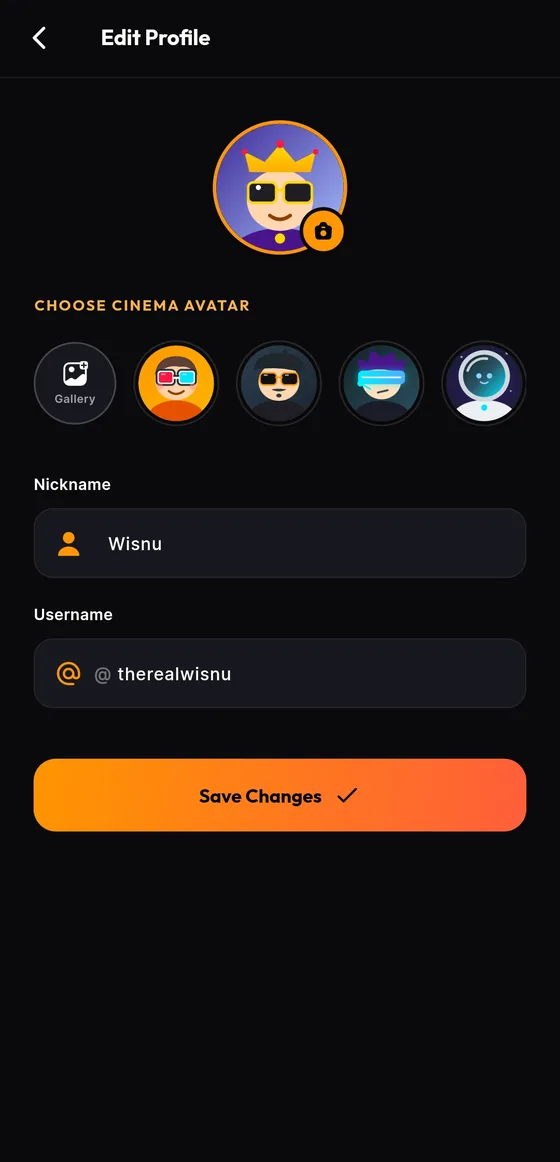 Layar edit profil dengan pilihan avatar sinema