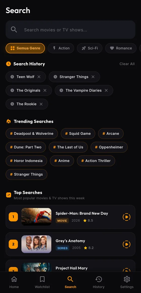 Layar pencarian Cineva dengan filter genre